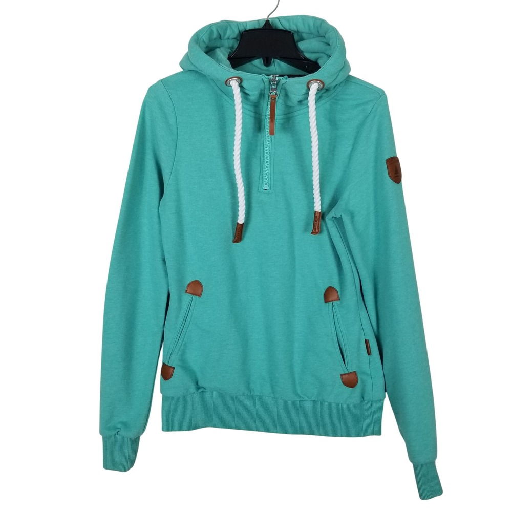 Wanakome Hoodie Women Size S Teal Quarter Zip Rope Drawstrings Leather Trim